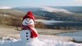 Cheery snowman wearing a festive red hat and scarf at a snowy landscape, copy space. AI generated