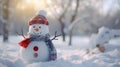 Cheery snowman wearing a festive red hat and scarf at a snowy landscape, copy space