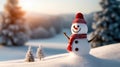 Cheery snowman wearing a festive red hat and scarf in a snowy landscape. Generative AI