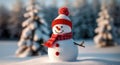 Cheery snowman wearing a festive red hat and scarf in a snowy landscape. Generative AI