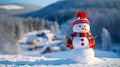Cheery snowman wearing a festive red hat and scarf at a snowy mountain ski resort, copy space. AI generated