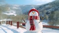 Cheery snowman wearing a festive red hat and scarf at a snowy mountain ski resort, copy space. AI generated