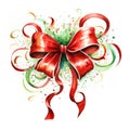 Cheery Watercolor Christmas Ribbon Curls Around Festive Gift on White Background AI Generated