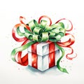 Cheery Watercolor Christmas Ribbon Curls Around Festive Gift on White Background AI Generated