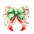 Cheery Watercolor Christmas Ribbon Curls Around Festive Gift on White Background AI Generated