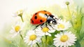 Cheery Watercolor Ladybird Beetle Resting on Soft Petal in Summer Garden AI Generated