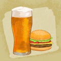 Cheesburger with beer grunge background. Vector illustration