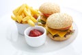 Cheesburger, french fries and ketchup Royalty Free Stock Photo