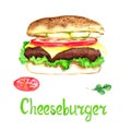 Cheesburger isolated on white hand painted watercolor illustration
