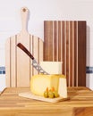 Cheese Aperitif White Cheddar Yellow Gouda Walnut Maple Wood Chopping Block Royalty Free Stock Photo