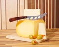 Cheese Aperitif White Cheddar Yellow Gouda Walnut Maple Wood Chopping Block Royalty Free Stock Photo