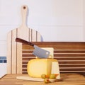 Cheese Aperitif White Cheddar Yellow Gouda Walnut Maple Wood Chopping Block Royalty Free Stock Photo