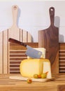 Cheese Aperitif White Cheddar Yellow Gouda Walnut Maple Wood Chopping Block Royalty Free Stock Photo