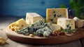 Cheese assortment: blue cheese, AI generated image