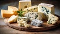 Cheese assortment: blue cheese, AI generated image