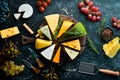 Cheese. Assortment of cheese and snacks on black stone background. Top view. Royalty Free Stock Photo