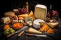 cheese assortment with labels and cutlery