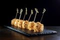 Cheese balls in breading, with natural bamboo skewers-2. Royalty Free Stock Photo