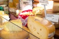 Cheese is being sold at traditional farmer`s market in the streets of Amsterdam. Royalty Free Stock Photo