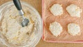 Cheese biscuits recipe, baking process. Scooping biscuit daugh into a baking pan, flat lay