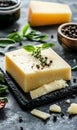 Cheese on black board with spices on rustic background Royalty Free Stock Photo