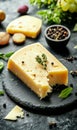 Cheese on black board with spices on rustic background Royalty Free Stock Photo