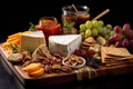 cheese board with assorted cheeses, nuts and crackers