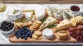 a cheese board, featuring blue cheese, brie, camembert, cheddar, Emmental, goat cheese, ricotta, and havarti Royalty Free Stock Photo