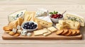 a cheese board, featuring blue cheese, brie, camembert, cheddar, Emmental, goat cheese, ricotta, and havarti Royalty Free Stock Photo