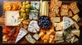 a cheese board, featuring blue cheese, brie, camembert, cheddar, Emmental, goat cheese, ricotta, and havarti Royalty Free Stock Photo