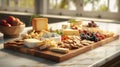 a cheese board, featuring blue cheese, brie, camembert, cheddar, Emmental, goat cheese, ricotta, and havarti Royalty Free Stock Photo