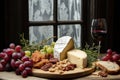 A cheese board with grapes, bread, nuts and a glass of wine, AI Royalty Free Stock Photo