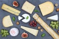 Cheese board platter plate Swiss bread Camembert slate top view Royalty Free Stock Photo