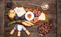 Cheese board. Various types of cheese. Cheese plate with cheeses Parmesan, Brie, Camembert and Roquefort serving with grapes,