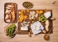 Cheese board. Various types of cheese. Cheese plate with cheeses Parmesan, Brie, Camembert and Roquefort serving on wooden board Royalty Free Stock Photo