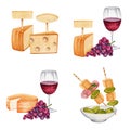 Cheese, bowl of green olives, food skewers, red wine and grapes compositions. Hand drawn watercolor illustration isolated on white Royalty Free Stock Photo