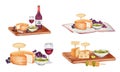 Cheese, bowl of green olives, food skewers, red wine and grapes on wooden board. Watercolor illustration isolated on white Royalty Free Stock Photo