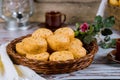 Cheese bread, chipa with coffee and flowers