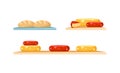 Cheese and bread display flat color vector objects set Royalty Free Stock Photo