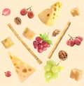 Cheese, breadsticks, grapes and walnuts falling against beige background