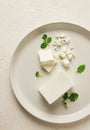 cheese briquette for salads, Danish, white, top view, on a white plate,