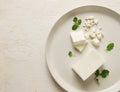 cheese briquette for salads, Danish, white, top view, on a white plate,