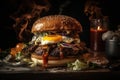 Cheese burger - American cheese burger with fresh vegetables and fried egg, Generative AI Royalty Free Stock Photo