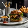 Cheese burger - American cheese burger with Golden French fries and ketchup Royalty Free Stock Photo