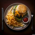 Cheese burger - American cheese burger with Golden French fries and ketchup Royalty Free Stock Photo