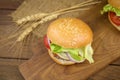 Cheese burger with grilled meat, cheese, tomato, on craft paper Royalty Free Stock Photo