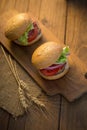 Cheese burger with grilled meat, cheese, tomato, on craft paper Royalty Free Stock Photo