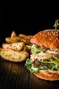 Cheese burger with grilled meat, cheese, tomato and potatoes on dark wooden surface. Ideal for advertisement. Close-up Royalty Free Stock Photo