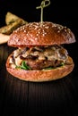 Cheese burger with grilled meat, cheese, tomato and potatoes on dark wooden surface. Ideal for advertisement. Close-up Royalty Free Stock Photo