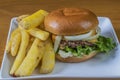 Cheese burger top with onions on a brioche bun with fries Royalty Free Stock Photo